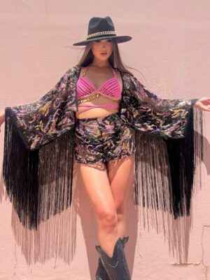 Glossy Black Kimono  Outfit